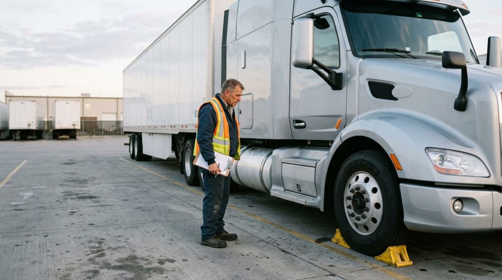 Truck driver completing a pre-trip inspection beside a parked semi-truck.