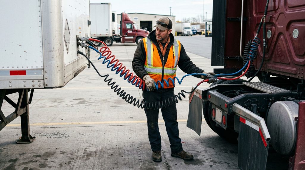 Driver checking air hoses and electrical connections between a tractor and trailer.