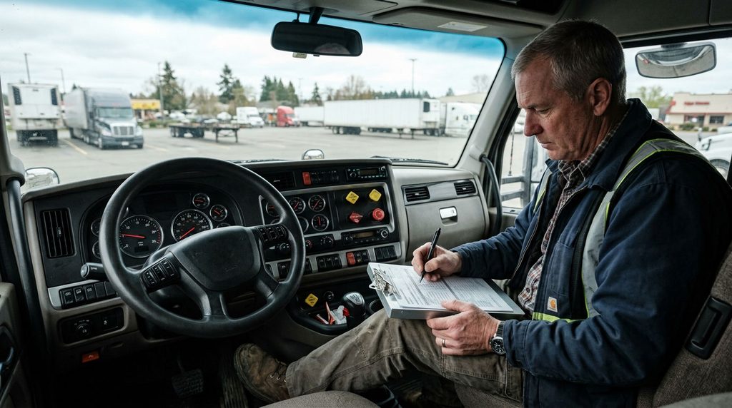 Driver reviewing air-brake gauges and an inspection report inside a parked truck.