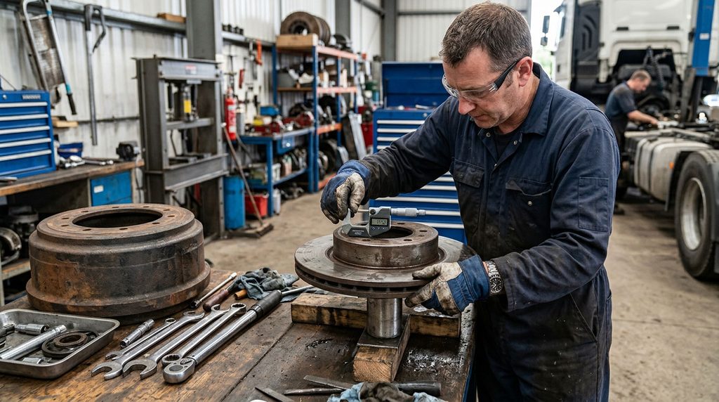 Technician measuring a truck brake rotor beside a brake drum on a workshop bench.