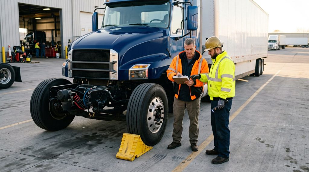 Truck driver and technician reviewing brake safety beside a parked semi-truck.
