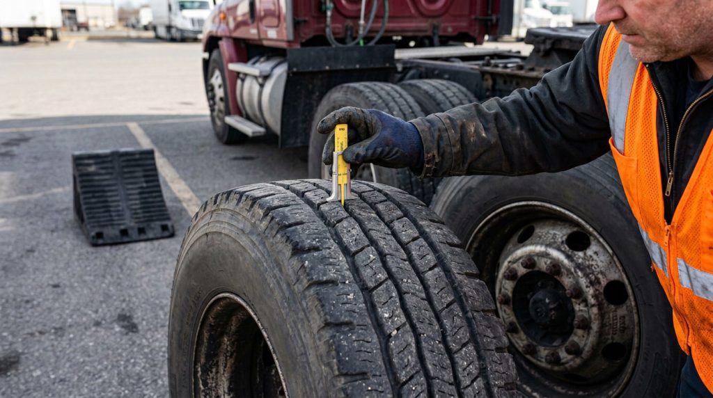Driver measuring truck tire tread depth during a pre-trip inspection.